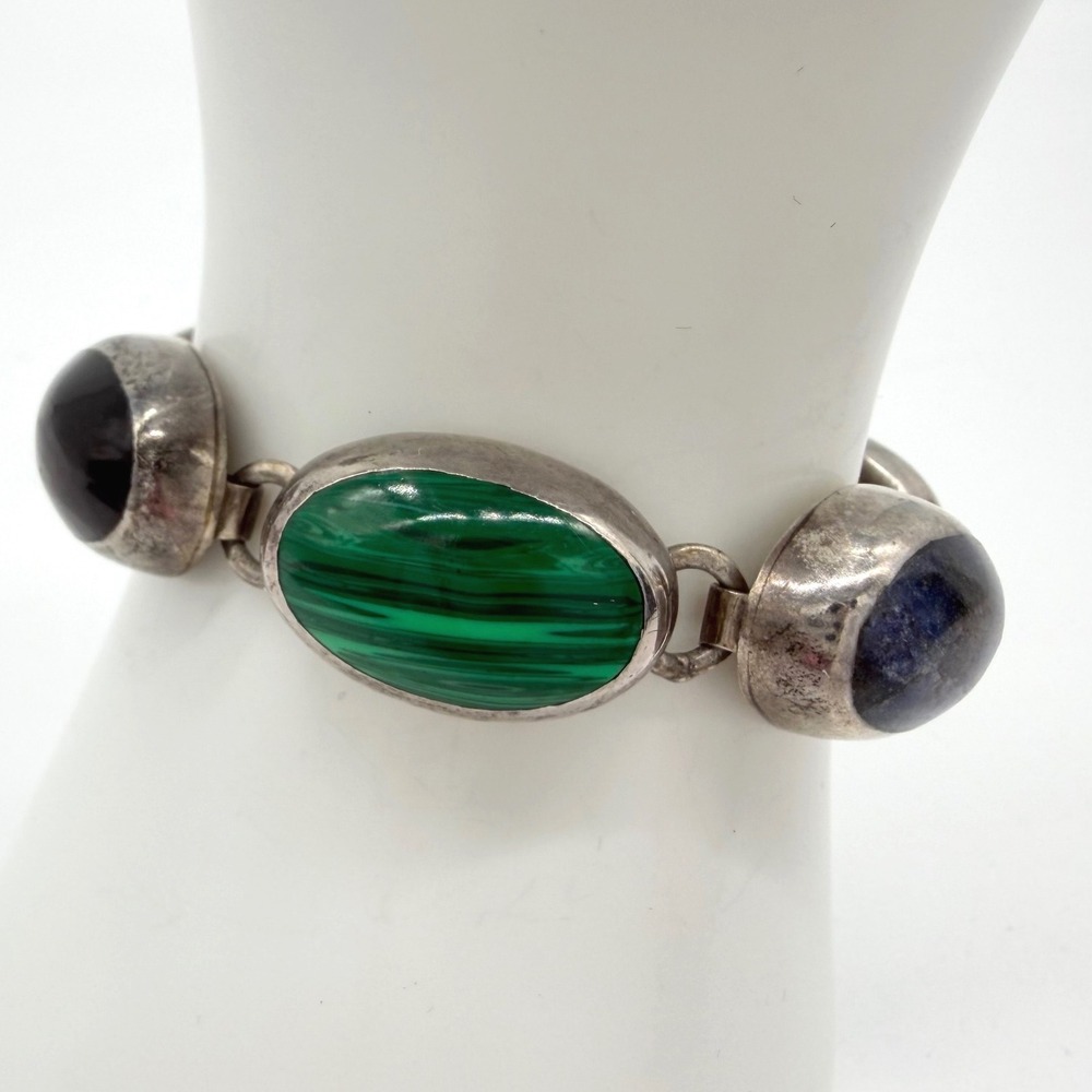 Vintage Taxco Mexico T2-17 Sterling Silver 925 Multi-Gemstone Bracelet 6" 45.08g